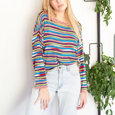 Vintage Missoni 1990s Rainbow Striped Silk Knit Top S M L Boat Neck 90s Multicolor Sweater Blouse 