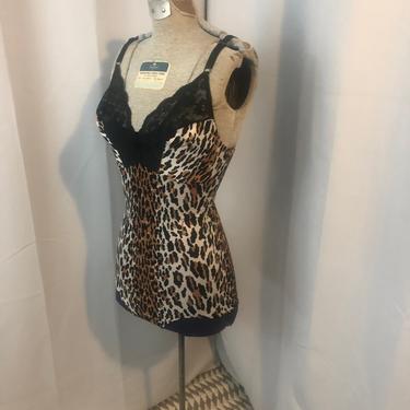 1970s Vanity Fair leopard print bodysuit girdle vintage pinup lingerie M 36 C 