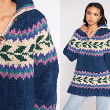 Icelandic Wool Sweater Blue Fair Isle Sweater 80s Sweater Boho Nordic Ski Bohemian Knit Sweater 1980s Retro Pullover Medium 