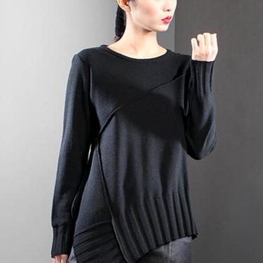 Asymmetric Long Sleeve Knit Pullover in BLACK or GREEN