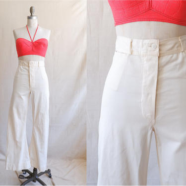 Vintage White Cotton Sailor Trousers/ High Waisted Button Fly Navy Uniform Pants/ Wide Leg Cropped/ Size 26 