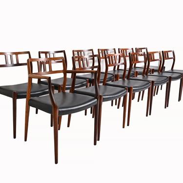 J.L. Moller Rosewood Dining Chairs Set of 12 Model 64  and 79 Black Leather Arm Chair Danish Modern 