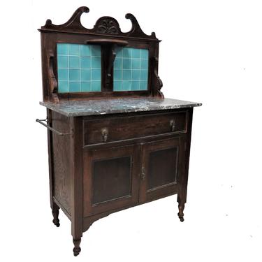 Antique Wash Stand | Antique English Marble Top Washstand With Tile Backsplash 