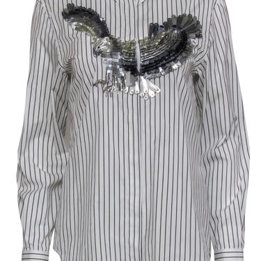 MSGM - White Pinstriped Cotton Blouse w/ Sequined Eagle Sz 6