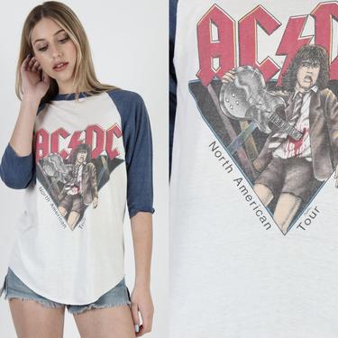 Vintage 1982 ACDC North American Tour T Shirt 80s AC DC Heavy Metal Rock Raglan Jersey Tee T Shirt Shirt Girls Mens Angus Young  