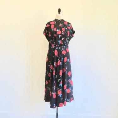 Vintage 1930's Style Black and Red Rose Print Rayon Day Dress Peter Pan Collar Short Sleeves Midi Length 1980's 90's Nina Piccalino Size Med 