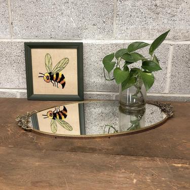 Vintage Crewel Embroidery Retro 1980s Small Size 9x9 Hornet + Flying Insect Crewel + Needlepoint Embroidery in Green Wood Frame + Fiber Art 
