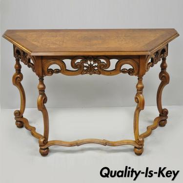 French Country Baroque Style Carved Burr Walnut Console Sofa Hall Table