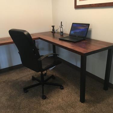 L-shaped Desk. Reclaimed wood desk. Old rustic desk. Industrial desk. Executive desk. Wood and metal desk. Corner desk. Post Leg desk 