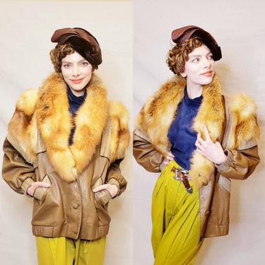 1980s Fox Fur Collar Jacket J Percy for Marvin Richards / 80s Brown Leather and Fur Shawl Collar Jacket Power Shoulders / M 