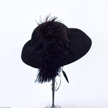 1980s Black Wool & Feather Hat | 80s Black Wool Felt Saucer Hat | Mr. Kurt Original 