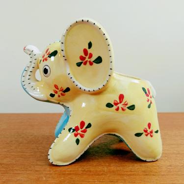 Vintage Sterling China Ceramic Planter | Baby Elephant | Quilt Flowers | Trunk Up | Japan 