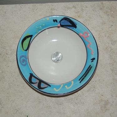 Debra Klausner Postmodern Art Pottery 6 5/8&amp;quot; Robin Egg Blue Geometric Textured Frame Small Salad / Dessert Bowl ~ Klausner Porcelain Bowl 