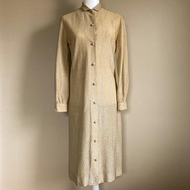 60s Gold Lurex Shirt Dress | Small/Medium 