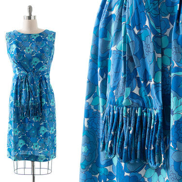 Vintage 1960s Sundress | 60s Blue Floral Printed Cotton Tassel Ties Wiggle Sheath Day Dress (large) 