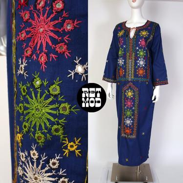 Intricate Vintage 70s Dark Blue Bohemian Ethnic Colorful Embroidery Long Caftan Cotton Dress 