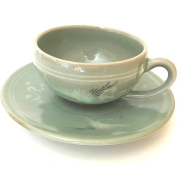 Vintage beautiful  Celadon Ceramic tea Cup and Saucer- Korean Marked 