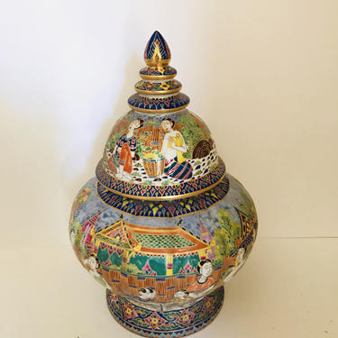 Vintage Benjarong Thai hand painted lidded ginger jar Benjarong People Scene 14&amp;quot; tall   22 Kt gold 
