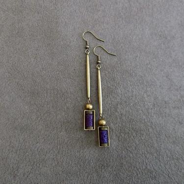 Purple lava rock earrings, modern earrings, rustic bronze earrings, mid century modern earrings, unique statement earrings, primitive ethnic 