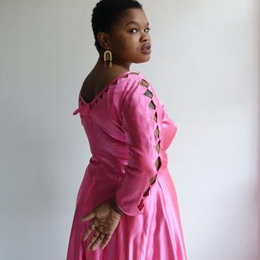 Vintage 50s Hot Pink Satin Cut Out Dress/ 1950s Bright Silk Princess Gown/ Size Large XL Plus Size 
