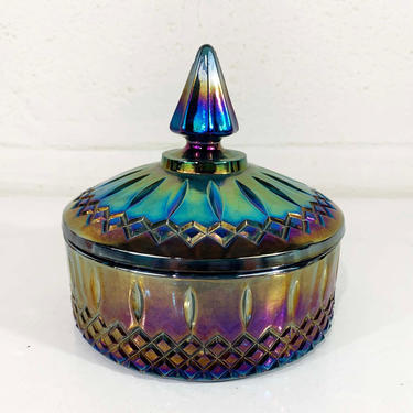 True Vintage Indiana Iridescent Glass Stasher Amethyst Blue Carnival Princess Covered Candy Dish Lidded Box Vanity Storage 1970s 70s 