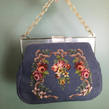 1950s purse, needlepoint handbag, vintage 50s purse, lucite purse, 1950s handbag, vintage handbag, Christine Detroit, mrs maisel style 