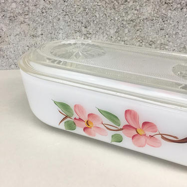 Vintage Fire King Casserole Retro 1950s Peach Blossom + Anchor Hocking + White Ceramic + Painted Flowers + Refrigerator Glass Lid + Ovenware 