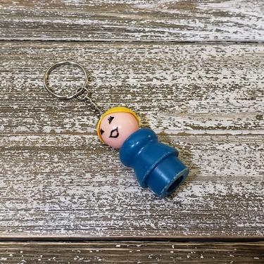 Vintage Fisher Price Little People Keychain, Yellow Blonde Ponytail Teacher Mom Woman, Plastic Body &amp; Head Lady Ring Charm, 1970s Retro Toys 