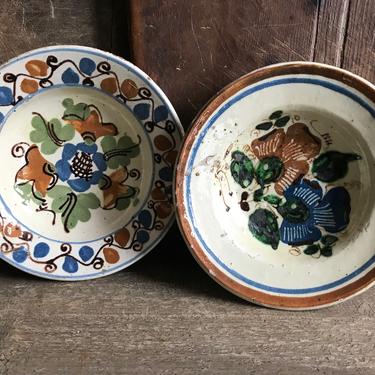 1 Antique Terra Cotta Bowl, Plate, Floral Pattern, Glazed Pottery, Rustic European Farmhouse, Farm Table, 2 Available 