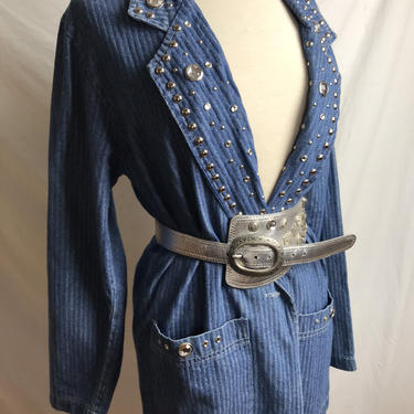 80’s denim pinstriped blazer dress~ studded bejeweled ~ long blazer dress~ 1980s Panorama disco class~ shiny bling jean jacket unisex 