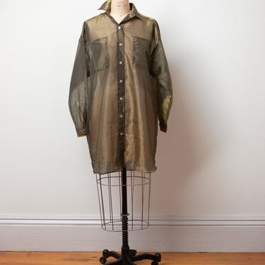 1990s Iridescent Bronze Shirt / 90s Sheer Oversize Blouse 