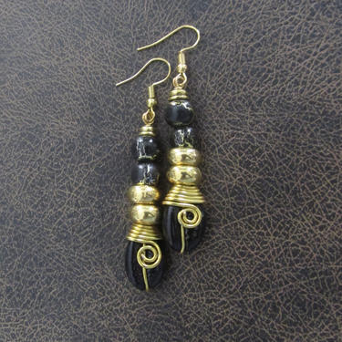 Cowrie shell earrings, black and gold earrings, Afrocentric African tribal dangle earrings, spiral wire wrapped earrings, bold statement 