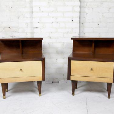 Pair of vintage walnut 1937 end tables / nightstands with a shelf and drawer | Free delivery in NYC and Hudson areas 