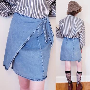 1990s Blue Denim Wrap Skirt / 90s Match Jean Mini Skirt Sash Tie Belt / Medium / Jacey 
