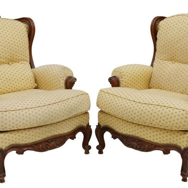 Armchairs, Bergeres, Wingback, Two, Louis XV Style, Tack Trim, Cabriole, 1900's!