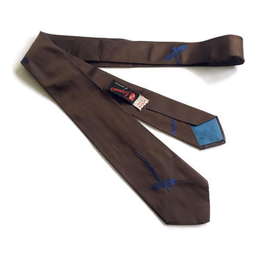 vintage 1950s silk necktie • dark brown tie with electric blue jacquard pheasants 