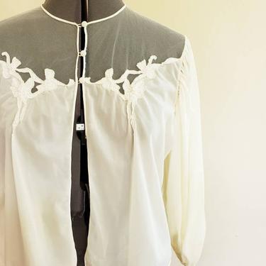 1940s Cream Bed Jacket Poet Sleeves / 40s Cropped Ivory Top Sheer Mesh Embroidered Lace Romantic Boudoir Shabby Chic / Dwalyne / Small 