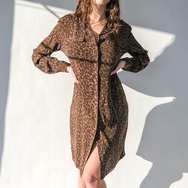 Vintage Robbie Bee Chocolate Brown Animal Giraffe Print Silk Button Up Shirt Dress | 100% Silk | Safari, Boho | 1990s Designer Silk Dress 