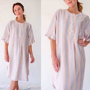 Vintage Tracy Silver Blue & Pink Striped Butter Soft Silk Pajama Shirt Nightgown | 100% Pure Silk | Lingerie, Boudoir | 1980s Silk Nightie 