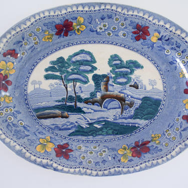 Vintage Blue, Green, Yellow and Red Old Castle Staffordshire England Platter 