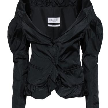 Yves Saint Laurent - Black Button-Up Silk Blazer w/ Velvet Trim Sz 6