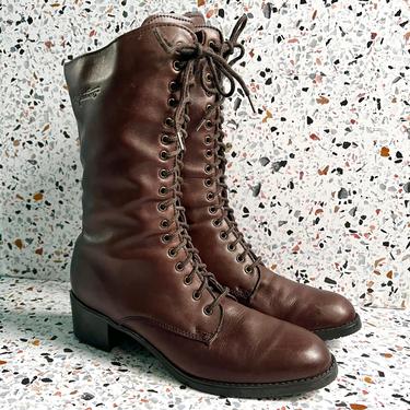 Vintage 90s Lace Up Boots, Leather, Faux Shearling Lined, Granny Chic, Made in Canada, Size 8, Army Boots 