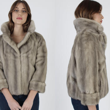 Vintage 60s Silver Mink Coat / Grey Fur Back Collar Mink Fur Coat / 1960s Real Fur Wedding Wear / Re Lined Cropped Stroller Jacket 