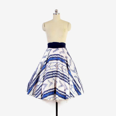 Vintage 50s CIRCLE SKIRT / 1950s Blue &amp; White Chevron Dots Hawaiian Full Skirt XS 