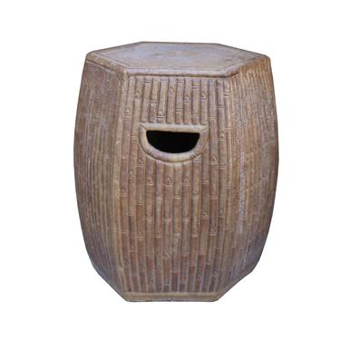 Chinese Hexagon Bamboo Theme Brown Ceramic Clay Garden Stool cs3257E 