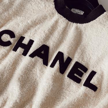 Vintage 90's CHANEL LETTERS Logo Monogram TERRY Cloth Sweater Blouse Top Ivory / Black - Iconic! Rare! 