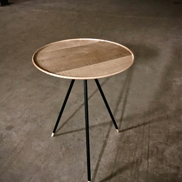 End Table, Modern Side Table with Turned Tiger Maple Top and Steel Legs, 