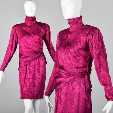 Large Emanuel Ungaro Hot Pink Skirt Set Asymmetrical Faux Wrap High Collar Black Buttons Star Print Tapered Skirt Vintage 1980s Separates 