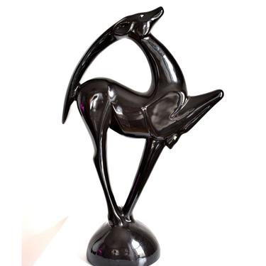 21&amp;quot; MCM Impala Statue | Haeger Pottery Ceramic Gazelle | Art Deco Hollywood Regency Decor | Modernist Minimalist | Gloss Black | Style #6043 