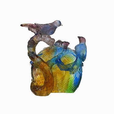 Crystal Glass Liuli Pate-de-verre Multicolor Birds on Wood Log Figure ws1291E 